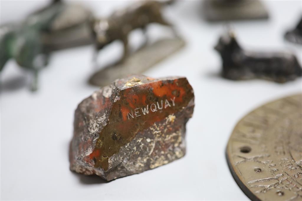A collection of bronze and metal animals, sun dial and lidded urns etc